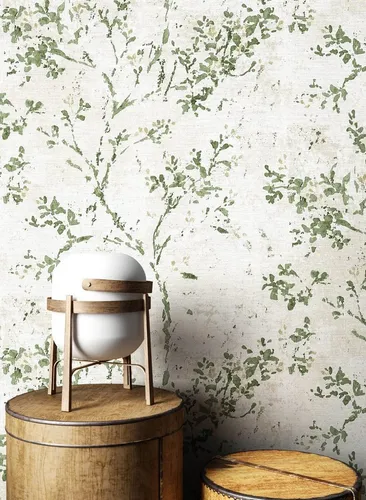 Newroom Vliestapete Inaya Green - Vintage Floral Tapete - Tapete in 3D Optik mit romantischen Blättern und Ästen, ideal für Schlafzimmer, Wohnzimmer und Küche. Wasser- und Dampfbeständig, perfekt für Nassbereiche.