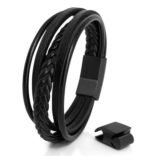 Akitsune Pax Lederarmband | Armschmuck Damen Herren Magnetisch Armband - Mattschwarz - Schwarz 18cm