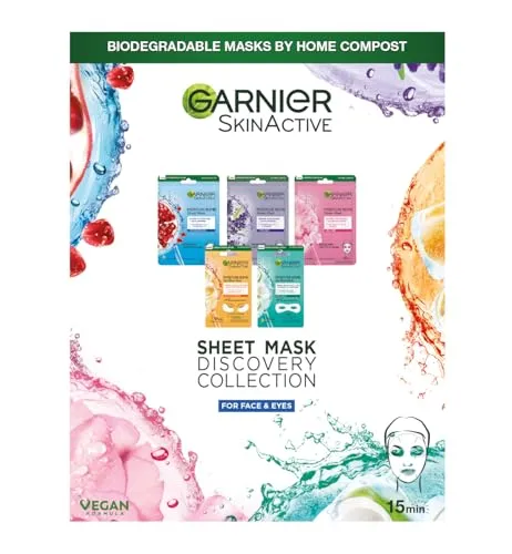 Garnier Tuchmasken-Set, Gesichtsmaske für Gesicht und Augen, Mit Frische- und Feuchtigkeits-Boost für verschiedene Hautbedürfnisse, SkinActive Discovery Collection, 5 Tuchmasken