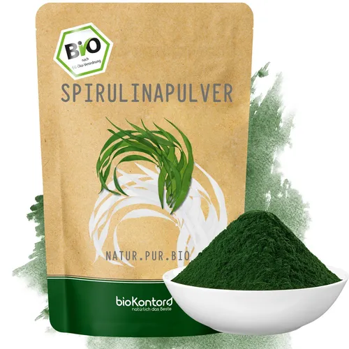 bioKontor Spirulinapulver - 100% natürlich & vegan - Bio Spirulinapulver aus kontrollierter Kultivierung, reich an Eiweiß (57% auf 100g), ideal für Smoothies und Shakes. Mild im Geschmack, glutenfrei und handverpackt in Hameln.
