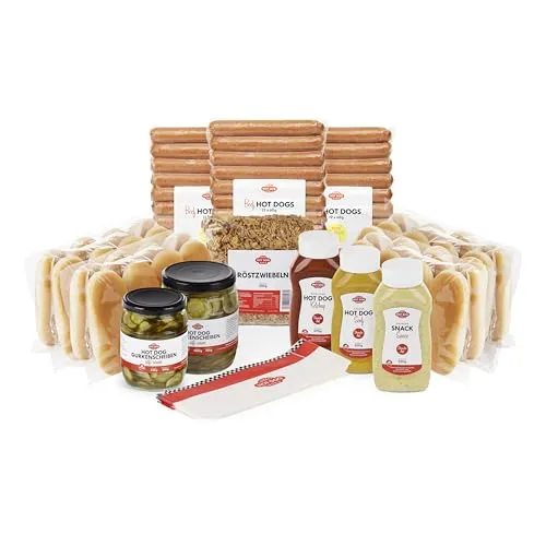 HOT DOG WORLD - Classic Hot Dog Set "dänische Art" - Frische Wiener: 114-teiliges Set für 36 Hot Dogs mit Premium Würstchen aus artgerechter Tierhaltung, ideal für Partys und Familienfeiern.