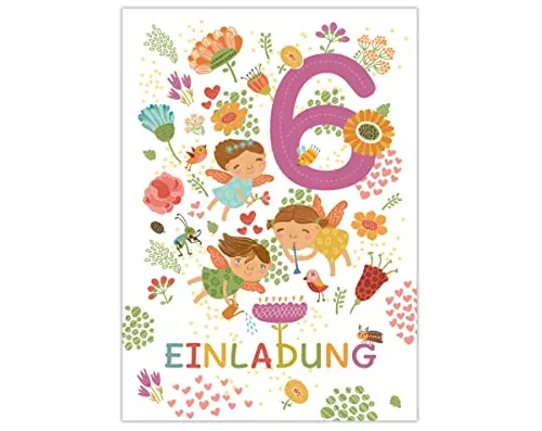Junapack 12 Einladungskarten zum 6. Kindergeburtstag Einladung zum sechsten Geburtstag Mädchen Fee Feen