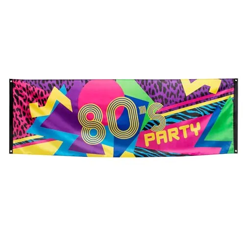 Boland 44602 - Dekorationsbanner 80er Party, Größe 74 x 220 cm, 80s, Bunt, Polyester, Banner, Wanddekoration, Mottoparty, Karneval, Disco, Bühne, Geburtstag, Leomuster, Hängedekoration