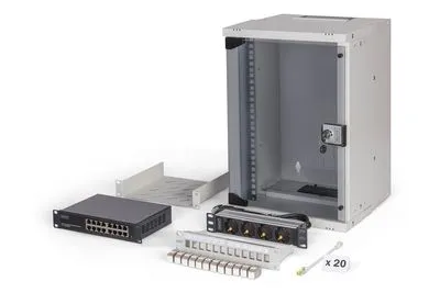 DIGITUS Netzwerk-Set SOHO PRO 254 mm 10" 9HE - Robustes Gehäuse mit kompakten Abmessungen, ideal für kleine Netzwerkinstallationen und platzsparende Anwendungen.