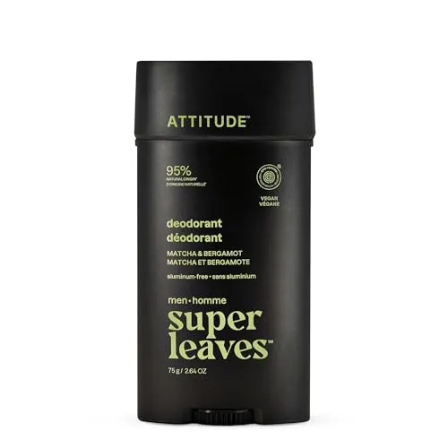 ATTITUDE Deodorant für Herren, ohne Aluminium, 95% natürliche Inhaltsstoffe, EWG-zertifiziert, pflanzliche Geruchskontrolle, mit Bicarbonat, Matcha & Bergamotte 75 g