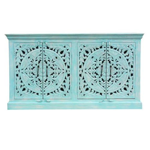 Sideboard Saira - Indische Kommode in Türkis 160 cm - Elegantes Sideboard im asiatischen Stil, verziert mit kunstvollen Schnitzereien. Ideal für Schlafzimmer oder Wohnräume, freistehend und sofort einsatzbereit.
