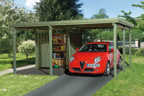 Weka Einzelcarport 607 Gr.1 mit Geräteraum - Robuster Carport aus druckimprägniertem Holz mit zusätzlichem Geräteraum, idealer Schutz für Ihr Fahrzeug und Stauraum für Materialien. Wetterfeste Dachkonstruktion mit hoher Schneelast für optimale Sicherheit.