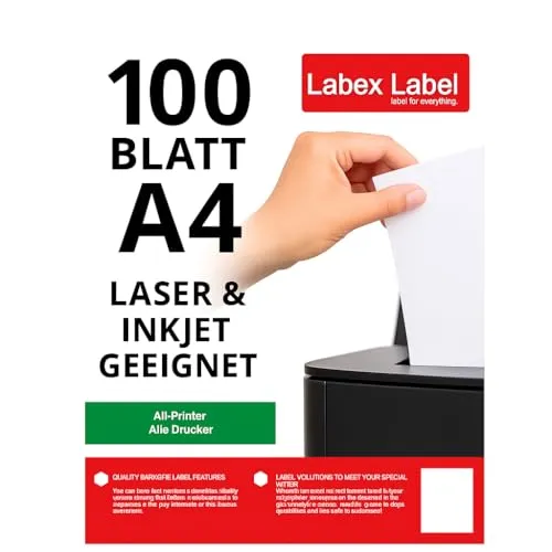 Labex Label A4 Klebeetiketten zum Bedrucken – 100 Blatt Selbstklebende Etiketten A4 – Etikettenpapier für Drucker – Aufkleber zum Bedrucken