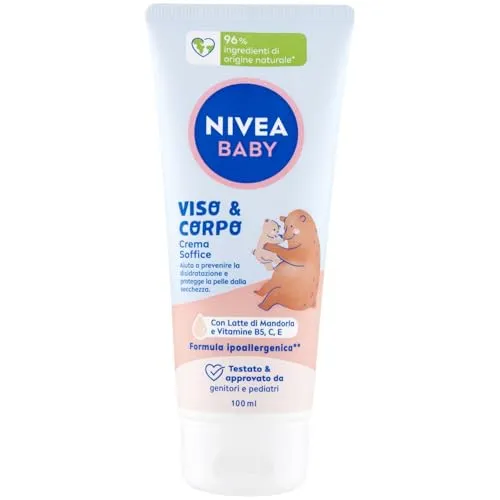 NIVEA Baby, Gesichts- & Körpercreme, weich, 100 ml, feuchtigkeitsspendende und pflegende Baby-Körpercreme, Gesichtscreme für Neugeborene mit Mandelmilch und Vitaminen, Baby-Körpercreme gegen