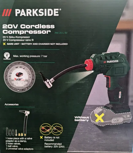 PARKSIDE Akku-Kompressor mit Ladegerät - Kompressor im praktischen Aufbewahrungskoffer, ideal zum schnellen Aufpumpen bei hohem Luftvolumen-Bedarf. Kompaktes Gehäuse mit gummiertem Griff und LED-Arbeitsleuchte.