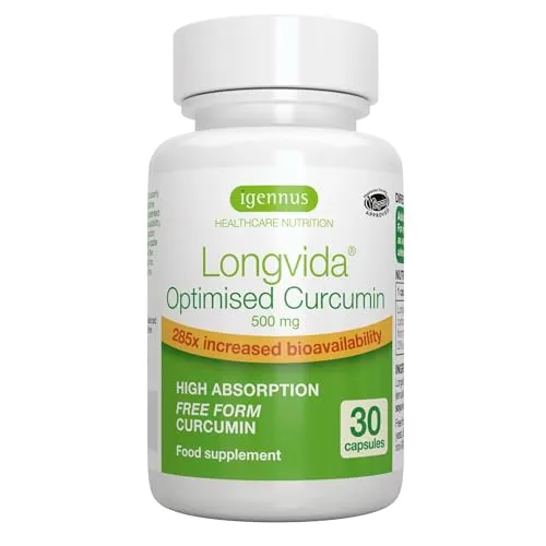 Longvida Curcumin 500 mg - Hochdosiertes pflanzliches Ergänzungsmittel - Pflanzliches Ergänzungsmittel Kurkumin mit 285x höherer Bioverfügbarkeit für bessere Absorption und längere Wirkung, ideal für Gelenke, Muskeln und Gehirnfunktion.