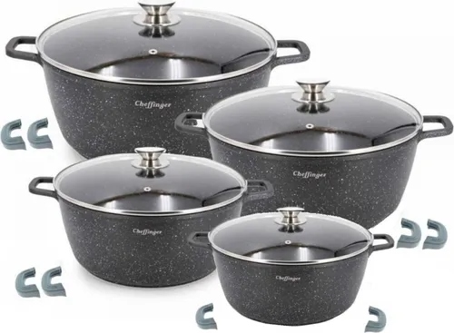 Cheffinger Topf-Set 8 tlg - Induktionsgeeignet und Antihaftbeschichtet - Topfsets mit 8 Teilen in Schwarz, ideal für gesundes Kochen ohne Anhaften und für alle Herdarten geeignet.