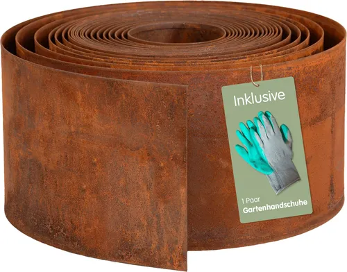 UNUS Rasenkante Beetumrandung Cortenstahl 1000x14 - Stilvolle Rasenkante aus Cortenstahl mit edler Rostpatina für langlebige Gartengestaltung. Einfach zu verlegen und ideal für Beete, Rasen und Wege. Praktische Gartenhandschuhe inklusive!