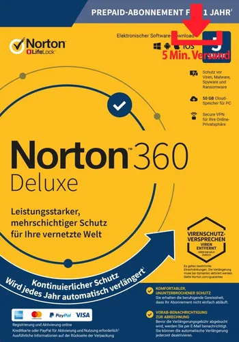 Norton 360 ABO Deluxe inkl. 50GB (5 Device - 1 Jahr) ESD Antivirus Sicherheit Ke