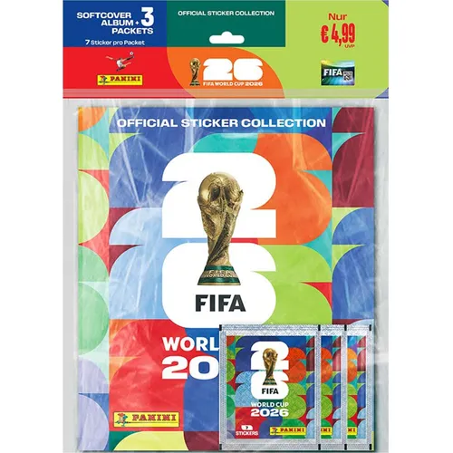PANINI Starter Set 1, Softcover Album + 3 Tüten, FIFA WM 2026 Sticker - Sammelset für die FIFA Fußball-Weltmeisterschaft 2026. Enthält ein Softcover Album und 3 Tüten mit originalen Stickern. Perfekt für Fußballfans und Sammler!