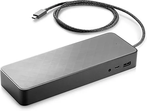 HP USB-C Universal Dock (1MK33AA) - Multifunktionale Dockingstation - Weiteres Notebook-Zubehör mit Unterstützung für zwei 4K-Displays, Netzwerkanbindung und USB-C-Ladefunktion für einen aufgeräumten Arbeitsplatz.
