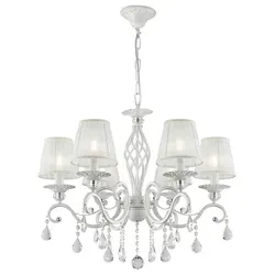 Eleganter Grace Kronleuchter 6-flammig - Stilvolle Lampe mit weißem und gold lackiertem Metallrahmen, plissierten Organza-Schirmen und funkelnden Kristallanhängern – ideal für ein luxuriöses Ambiente.