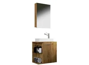 Mid.you Gästebad VCM Hausa – 3-teiliges Badmöbel-Set in Honigeiche - Badmöbel-Set für Gäste-WC, hängend und platzsparend. Robust mit Melaminharzbeschichtung und modernem Keramikwaschbecken für zeitgemäßen Stil und praktischen Stauraum.