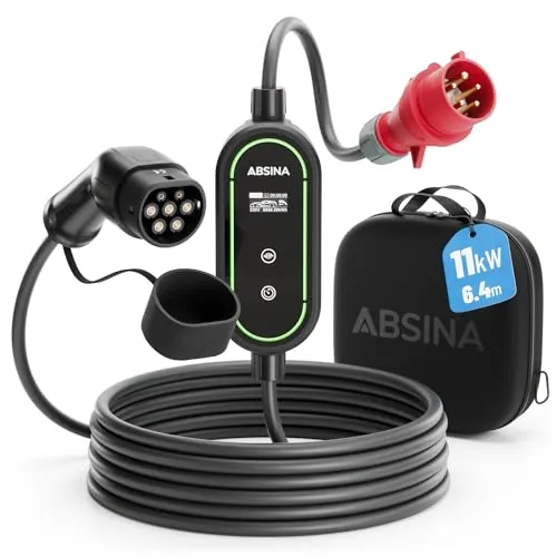 ABSINA Ladekabel CEE 16A auf Typ 2 - Mobile Wallbox 11kW mit 6,4m Kabel - Ladestation für Elektrofahrzeuge mit einstellbarer Ladeleistung, IP67 wasserdicht und sicher dank integriertem RCD. Ideal für i3, e-Up, ID.3 und viele mehr.