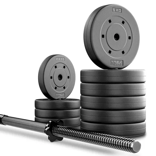 TREX SPORT Langhantel Set | Hantelset 46kg mit Langhantelstange 150cm, Kunststoff Hantelscheiben, Sternverschlüsse, langlebig | Home Gym Krafttraining