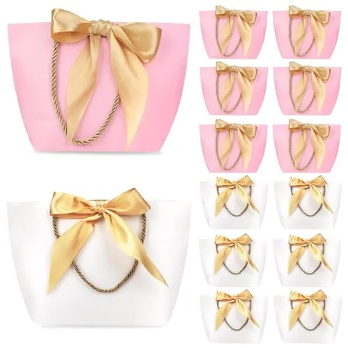 PHOGARY 12 Geschenktüten - Geschenkbeutel aus Papier mit Bogen Band, Elegant papiertüten für Geburtstag, Hochzeit, Abschluss-Feier, DIY geschenktüten (6 Stck Rosa & 6 Stck Weiß, 28x20x9cm)