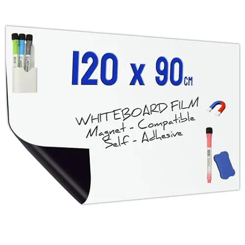 Minadax Whiteboard Folie 120 x 90cm | Magnet Haftend | Zuschneidbar + Stifte mit Halter + Wischer