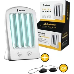 Bolusso 4 Röhren-Gesichtsbräuner mit Memory-Funktion - Gesichtsselbstbräuner mit 4 leistungsstarken 15-Watt-Lampen und eingebautem Timer für eine gleichmäßige Bräune. Inklusive 2 Schutzbrillen für sicheres Bräunen zu Hause, kompakt und tragbar.