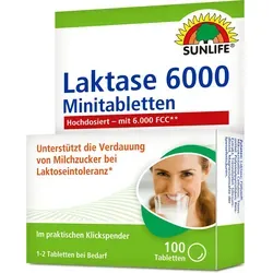 Sunlife Laktase Tabletten 6.000 FCC - 100 Stück - Nahrungsergänzungsmittel zur Unterstützung der Verdauung von Laktose. Wirkt sofort und langanhaltend im Magen und Darm – ideal für Laktoseintolerante. Praktischer Klickspender für einfache Dosierung.
