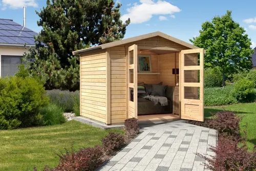 Karibu Gartenhaus Amberg 4 - Naturbelassenes Gerätehaus 246x246 cm - Gartenhaus aus hochwertiger nordischer Fichte mit Satteldach, ideal für gemütliche Sitzlounge und individuellen Gestaltungsmöglichkeiten. Sicherheitsüberfalle schützt vor unbefugtem Zutritt.