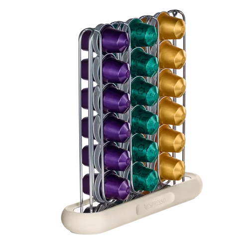 Nespresso Display Vertical ORIGINAL - Eleganter Kapselspender für bis zu 36 Nespresso-Kapseln. Design von Federica Biasi, aus Edelstahl und synthetischem Travertin. Ideal zur stilvollen Präsentation in jeder Küche.
