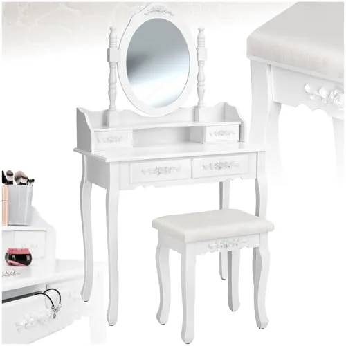 tectake® Schminktisch mit Schubladen und Stuhl - Eleganter Schminktisch im romantischen Design mit schwenkbarem Spiegel und 4 geräumigen Schubladen für optimalen Stauraum. Ideal für Ankleidezimmer und Schlafzimmer.