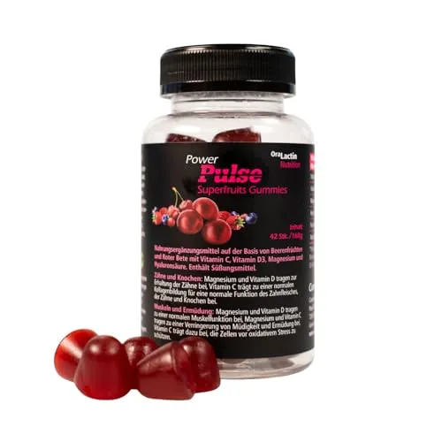 Power Pulse Superfruits Gummies - zuckerfreie Gummibärchen mit Fruchtextrakten, Rote Bete, Vitamin C, Vitamin D3, Magnesium & Hyaluronsäure, für Zähne, Knochen, Muskelfunktion & Immunsystem, vegan