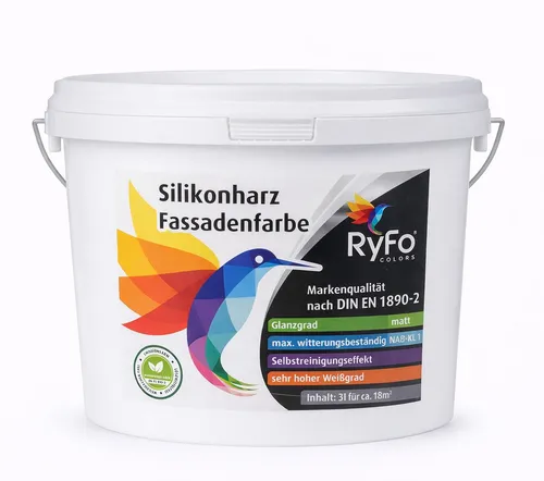 RyFo Colors Silikonharz Fassadenfarbe Weiß 3l – Wetterbeständige Außenfarbe mit Abperleffekt - Hochwertige Silikonharz-Fassadenfarbe für den Außenbereich. Hohe Deckkraft und schmutzabweisende Eigenschaften sorgen für eine langlebige und ansprechende Fassade, ideal für alle Witterungsbedingungen.