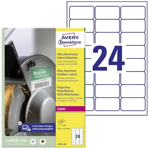 AVERY Zweckform L7912-40 Strapazierfähige Folienetiketten - Universal-Aufkleber mit 960 ultraresistenten, wasser- und schmutzbeständigen Etiketten für höchste Beanspruchungen auf schwierigen Oberflächen - ideal für Innen- und Außenanwendungen.