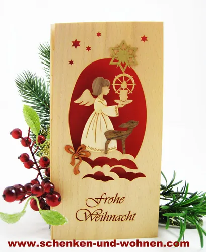 Weihnachtskarte Furnierholz Exclusiv Engel mit Reh
