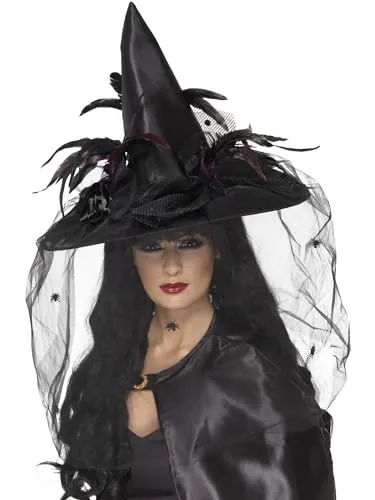 Smiffys Deluxe Hexenhut mit Federn und Netz - Kostüm-Kopfbedeckungen, schwarzer Luxushut mit auffälligen Federn und Netz, ideal für ein authentisches Hexenkostüm zu Halloween.