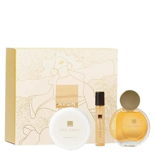 Avon Far Away Geschenkset, 50 ml EdP, 10 ml Taschenspray & 75 ml Körpermousse