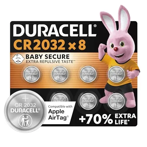 Duracell CR2032 Knopfzellen, 8 Stück - Zuverlässige CR2032 Lithium Knopfzellen für verschiedene Geräte wie Autoschlüssel und Fitness-Tracker. Mit bis zu 70 % zusätzlicher Lebensdauer und kindersicherer Verpackung.