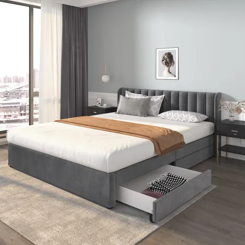 Merax Stauraumbett Polsterbett 180x200 aus Samt mit 2 Schubladen - Elegantes Bett mit gepolstertem Kopfteil und praktischem Stauraum, ideal für ein ordentliches Schlafzimmer. Robuste Konstruktion und komfortabler Liegekomfort für erholsame Nächte.