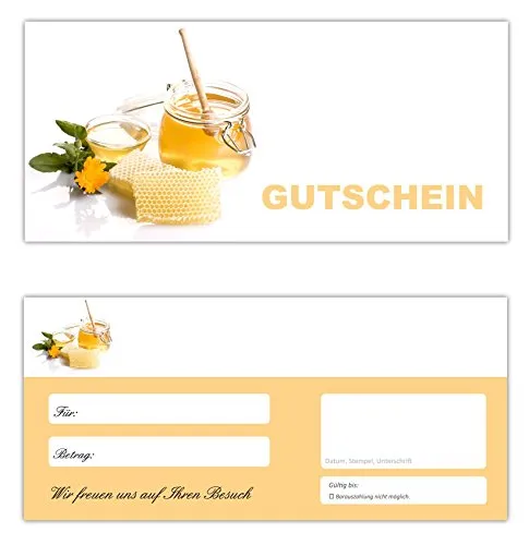 Geschenkgutscheine (Honig-666) - Ein schönes Produkt für Ihre Kunden Gutscheine Gutscheinkarten für Bereiche wie Gastronomie, Restaurant, Weinhandel, Getränkehandel, Freizeit, Wellness, Feier, Geschenk, Gaststätte und vieles mehr 50