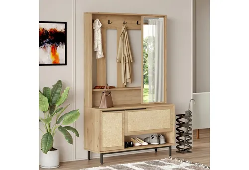 Kompaktgarderobe Kvænangen - Stilvoller Kleiderständer mit Spiegel - Garderobenständer in eleganter Eiche-/Rattanoptik, bietet großzügigen Stauraum mit 5 Doppelhaken und Spiegeltür für schnelle Outfit-Kontrolle.