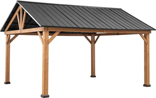 Sunjoy Zedernholz Gazebo 4x5 REBRA - 404cm x 465cm, anthrazit - Pavillon aus hochwertigem Zedernholz mit robustem, pulverbeschichtetem Dach. Schaffen Sie eine stilvolle Oase im Garten, geschützt vor Sonne und Ungeziefer.