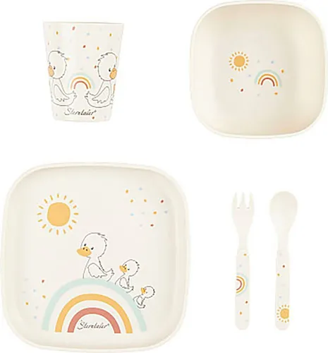 Sterntaler Geschirrset Ente Edda Lou ecru, 5er Set für Jungen und Mädchen bestehend aus Trinkbecher, eckigem Teller, eckiger Breischale und Löffel und Gabel