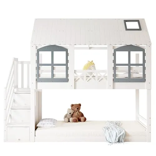 xixiworkshop Etagenbett für Kinder mit Dach und Fenster - EN747 zertifiziertes Etagenbett aus Kiefer und MDF, bietet mit 3 Stauraumschränken in der Treppe viel Platz und sorgt für Sicherheit und Komfort beim Schlafen.