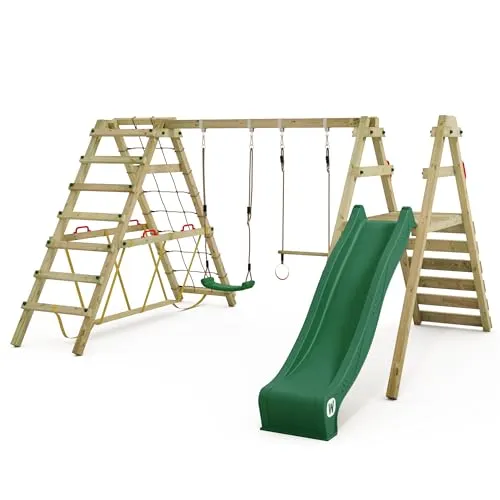 Wickey Doppelschaukel Smart Shake – Kinderschaukel mit Rutsche & Motorik-Modulen - Kompakte Doppelschaukel aus imprägniertem Massivholz, ideal für Garten. Inklusive Rutsche und Kletteranbau zur spielerischen Förderung von Geschicklichkeit und Ausdauer.