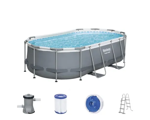 Bestway Power Steel Frame Pool-Set 427 x 250 cm mit Filterpumpe - Ovaler Swimmingpool mit 7.250 Litern Wasserkapazität, einfacher Werkzeugloser Aufbau und langlebigem TriTech-Material. Inklusive Filterpumpe und Sicherheitsleiter für sorgenfreies Schwimmen.