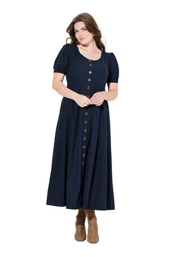 Ulla Popken Plus Size Maxikleid mit Smokeinsätzen - Freizeitkleid für Damen, aus leichtem Leinenmix mit floralen Mustern und praktischen Nahttaschen, ideal für einen lässigen und eleganten Look.