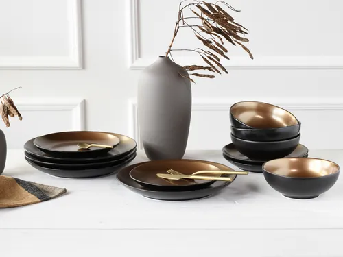 CreaTable Glamour Gold Tellerset 12-tlg - Kombiservice aus 12 edlen Steinzeugstücken mit glänzender Glimmer-Glasur, spülmaschinen- und mikrowellengeeignet, für eine elegante Tischdekoration.