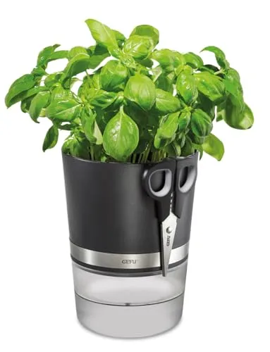 GEFU Kräutertopf BOTANICO Set mit Kräuterschere - Garten-Zubehör mit Selbstbewässerungssystem und Wasserstandsanzeige, sorgt für wochenlange frische Kräuter ohne tägliches Gießen.