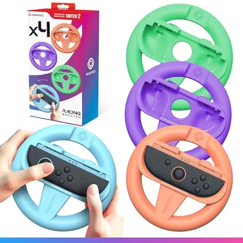 Oniverse 4er-Set Rennlenkräder für Nintendo Switch 2 - Switch 2 Zubehör für Mario Kart, Lenkradhalterungen in Orange, Blau, Grün und Lila, Intuitiv, SL/SR Tasten zugänglich - Für Joy-Con